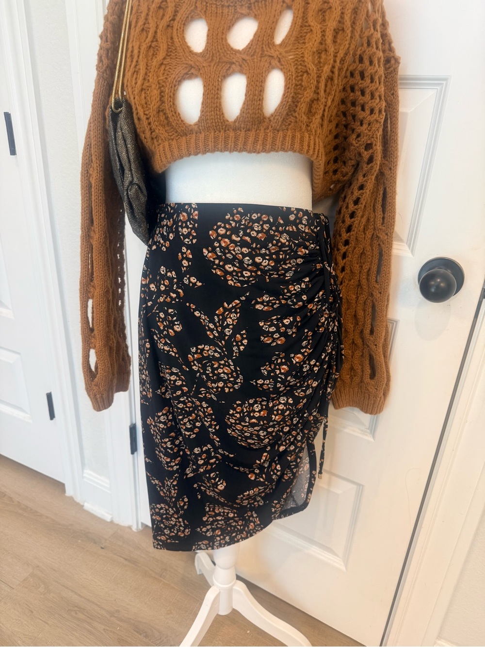 White House Black Market Black Midi Skirt with Black Floral Print